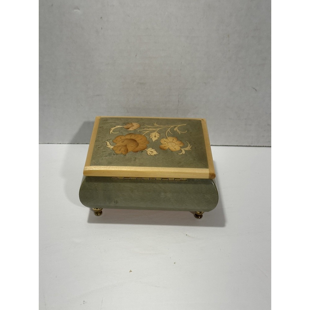 Vintage Wooden inlaid Made In Italy Footed Jewelry Music Box Romance Gorgeous
